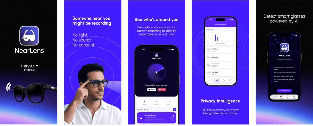NearLens App Store screenshots: app icon with PRIVACY by default tagline, radar scan screen, Privacy Intelligence report, and onboarding screens