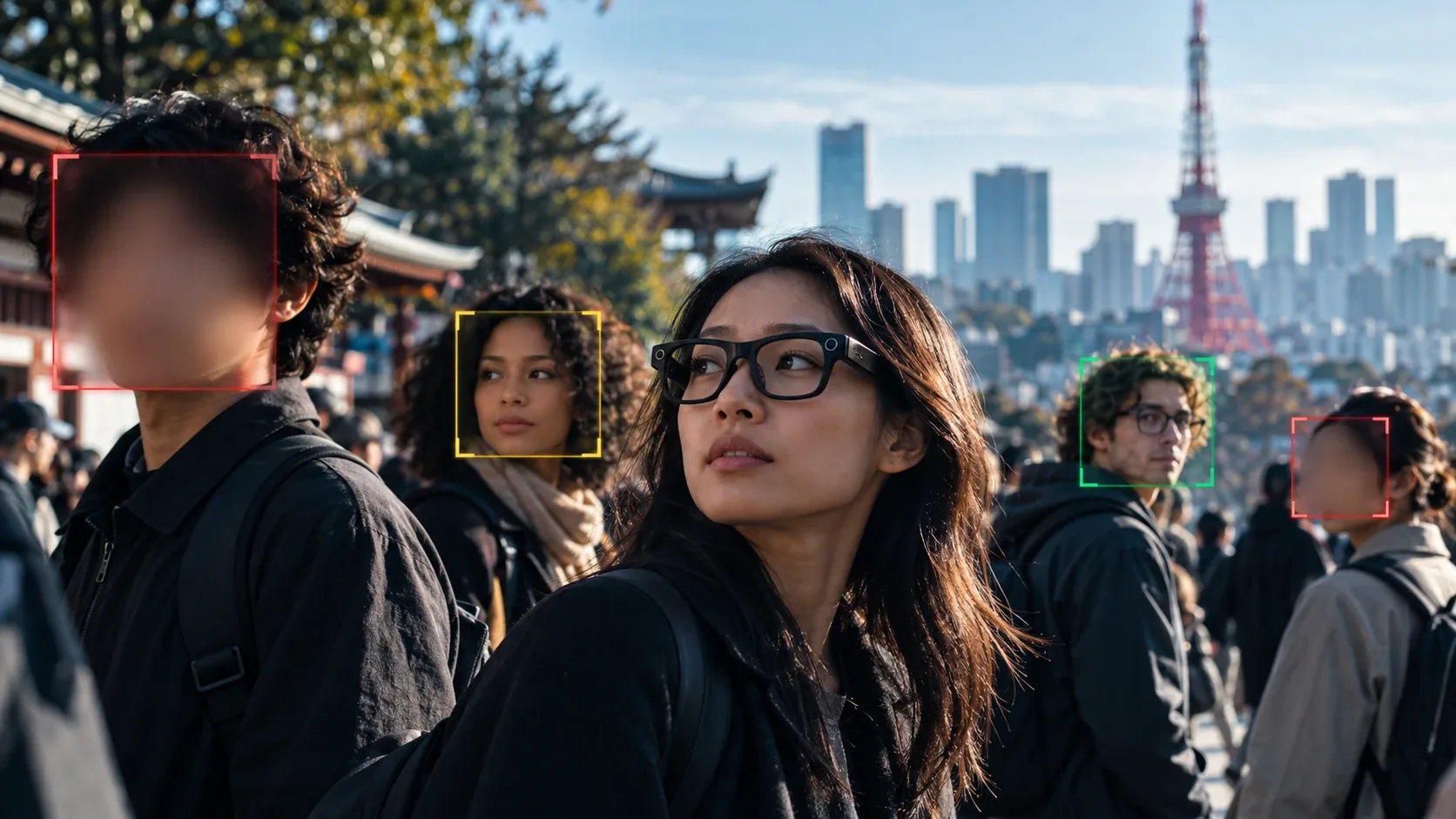 Illustration of a woman wearing camera-equipped glasses in a Tokyo crowd, with red, yellow and green boxes marking blurred and visible faces and Tokyo Tower in the background.