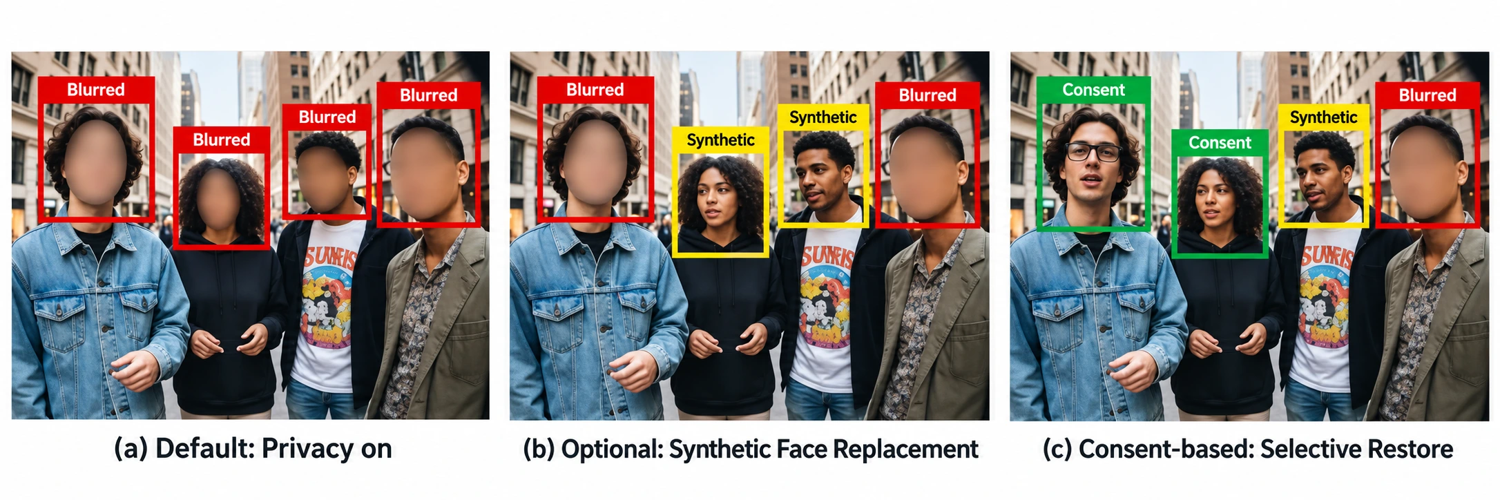 Three-panel comparison of four people in first-person footage: (a) all four faces blurred; (b) two faces blurred and two replaced with synthetic faces; (c) two original faces restored with consent, one synthetic face and one blurred face.