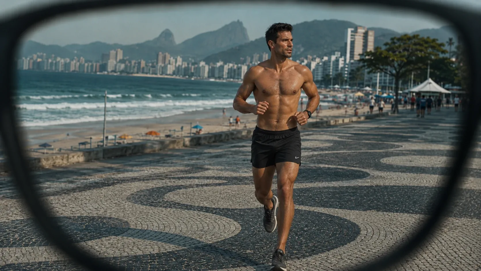 A shirtless runner on Copacabana's wave-patterned promenade, viewed through a glasses frame, with the beach, Rio de Janeiro skyline and mountains in the background.